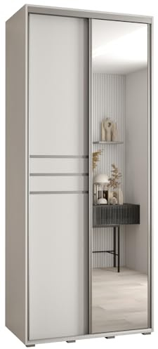 MEBLE KRYSPOL Davos 11 100 Schrank mit Zwei Schiebetüren für Schlafzimmer - Moderner Schrank mit Spiegel, Kleiderstange und Regalen - 235,2x100x60 cm - Weiß Weiß Silber