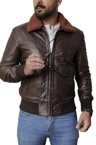 SHOP OF JACKETS BEGRÄNSAD Aviator brun äkta läderjacka marinblå pilot bomberjacka, Brun, S