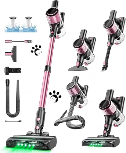 SUXIANGVAC Aspirateur Balai sans Fil, 45kPa/500W/45min Aspirateur sans Fil Puissant avec 3 Niveaux,Tuyau Extensible, LED Display, Brosse Anti-Enchevêtrement pour Sols, Tapis et Voiture - Rose