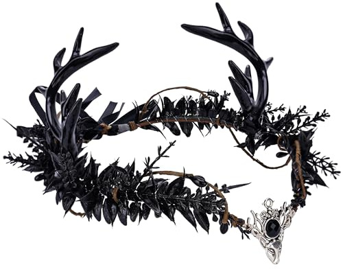 MOSTORY Schwarze Geweih Elf Kopfschmuck für Gothic Faschingskostüme Damen, Handgefertigte Waldfee Haarband Elfen Dunkel Circlet für Frauen Renaissance Cosplay Party Fae Ball