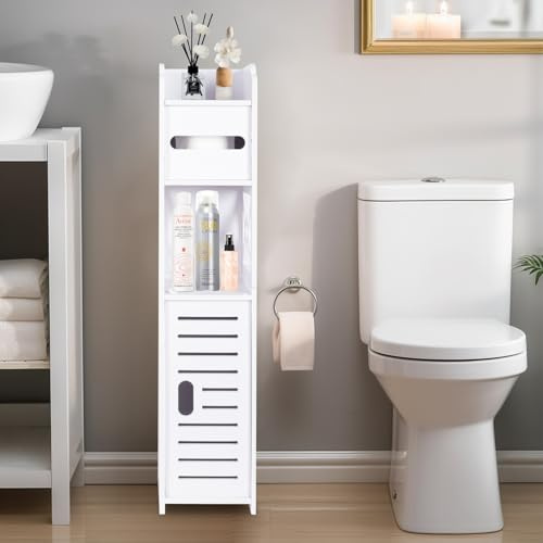 Powerking - Soporte de papel higiénico con barras, pequeño armario de almacenamiento de baño, puertas y estantes, espacio fino para espacios pequeños, suelo de esquina