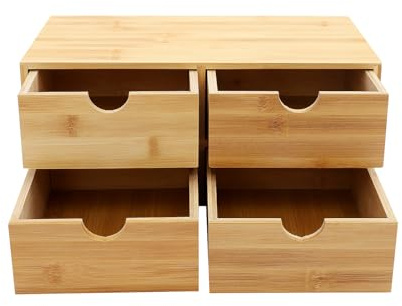 Schubladenbox Holz Schreibtisch Ablage Holz Schreibtisch Organizer Schubladen Organizer Bambus Aufbewahrungsbox mit 4 Schubladen Mini Holzkommode Tisch Bambus Schreibtischschublade 33x19x16cm