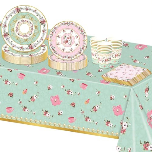 TOPWAYS Floral Disposable Paper Party Plates, Paper Disposable Plates Cups Napkins Table Cloth for for Garden Afternoon Tea Party Mother's Day Decorations Birthday Baby Shower (16 Guest Set)