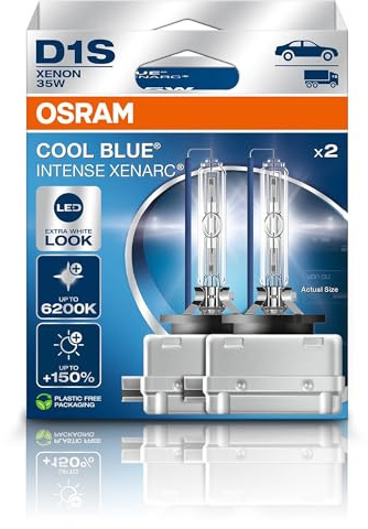 OSRAM XENARC® COOL BLUE® INTENSE D1S, +150% more brightness, up to 6,200K, xenon headlight lamp, LED look, Hanging folding box (2 lamps)