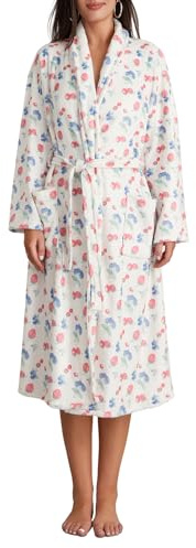 HZPHQY Accappatoio da donna in morbido pile con stampa floreale con frutta, accappatoio caldo, accappatoio lungo kimono con tasca, A bianco, M