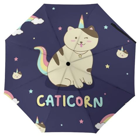 YBQLNP Kompakter Reise Regenschirm Einhorn Katze Taschenschirm Automatisch Auf Und Zu Faltbarer Sonnenschirm