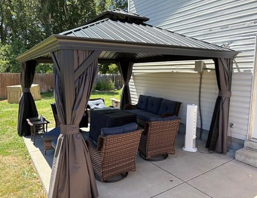 PURPLE LEAF Tonnelle de Jardin Exterieur Alu 4,25 x 3,65 m avec LED Gris | Ambiance cosy, Poteaux 12 x 12 cm, Drainage efficace, Rideaux amovibles, Double Toit Rigide, Résiste 17,9 m/s, Pergola Alu