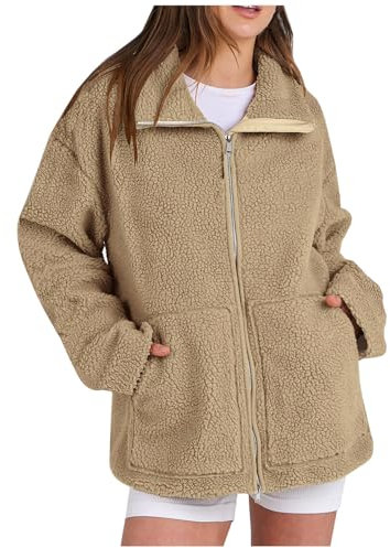 Angebote des tages heute blitzangebote Fleecejacke Damen Reverskragen Zipper Plüschjacke Lockere Teddyjacke Teddy Winterjacke Einfarbig Kuscheljacke Winter Leichte Übergangsjacke Bequeme Mantel