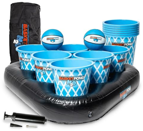 BasketPong H2O – Inflatable Pool Pong Game with Buckets and Balls, Water Yard Game for Outdoor Fun, Lawn, Beach, or Backyard – Includes 12 Buckets, 2 Balls, Floats, Bag, and Air Pump