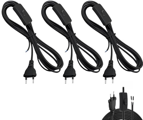 joonnair 3 X 1,8m DIY Stromkabel mit Schalter Stromkabel 2 Polig Kabel mit Stecker Sowie Stromkabels mit Stecker und Netzkabel mit Offene Enden, ideal als Kabel mit Schalter und Stecker -Schwarz