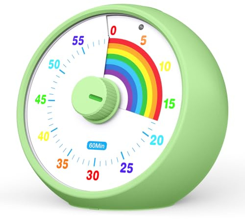 Temporizador Visual para niños: cronómetro de 60 Minutos para Aula, Oficina y Cocina. Herramienta de gestión del Tiempo con Funcionamiento silente, método Pomodoro y diseño arcoíris (Verde)