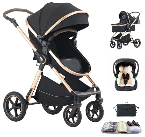 Shineey Passeggino trio,Carrellino per Bebè città 22kg con sedili,Passeggino pieghevole con vista alta,Buggy combinato pneumatici in gomma e vagone per bebè in alluminio (D2BLACK, H2-D)