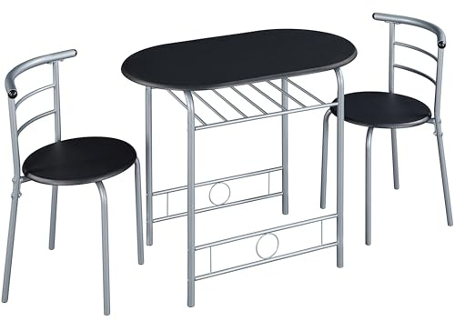 Soberine Set Tavolo Moderno con 2 Sedie per Sala da Pranzo, Set 3 Pezzi Mobili Salvaspazio da Cucina Balcone Ristorante Bar per 2 Persone in Legno e Metallo Sedia Portata Nero 90 x 53,5 x 75,5 cm