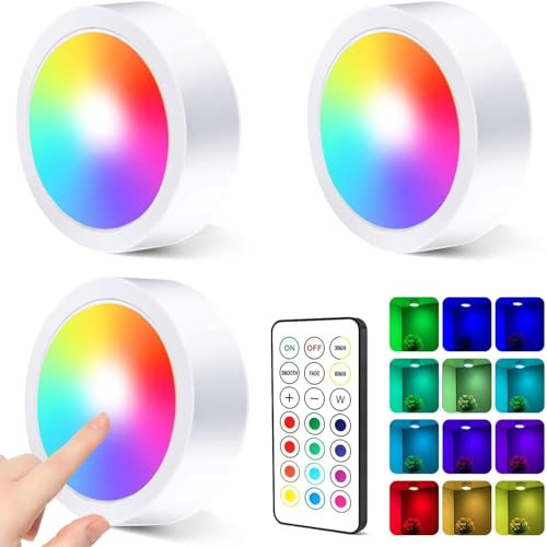 3 Stück LED RGB Spots Batteriebetrieben mit Fernbedienung,RGB LED Schrankbeleuchtung Kabellos,Kleiderschrank Regal Beleuchtung,Vitrinenbeleuchtung für SchlafzimmerKleiderschrank