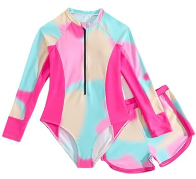 JiAmy Baddräkt för flickor tvådelat set, långärmad utslagsskydd tröjor med shorts, batikfärgat tryckt baddräkt för tonårstjej 8-13 år, Rosa (Hot Pink), 10-11 År