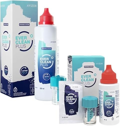 Avízor EVER clean PLUSPack Boîte 225 ml + 30 comprimés et Boîte 60 ml + 8 comprimés - Kit de Voyage - Solution de Nettoyage et Désinfection de Lentilles - Idéal pour les Voyages
