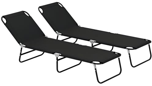 Outsunny Foldable Sun Lounger Set of 2 with 5-Position Adjustable Backrest, Outdoor Portable Recliner Chaise Lounge Chair with Breathable Mesh Fabric, Black