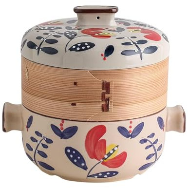 Cacerola japonesa con vaporera de bambú, ideal for sopas y guisos, olla de barro, cacerola de cerámica de calentamiento uniforme.(4L)