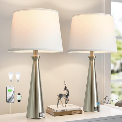 Seealle Modern Table Lamps Set of 2 - Touch Bedside Lamp for Nightstand with Dual USB C+A,3-Way Dimmable Silver Nightstand Lamps for Living Room Bedroom End Table with White Shade(Bulb Included)