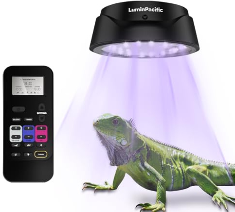 LuminPacific UVB Reptiles Light with Remote, UVA UVB FR Lamp for Rainforest & Desert Reptiles, Ferguson Zones 1-4, Timer Switch, 10 Dimmable, for Bearded Dragon, Turtle, Frog, Snake, Plant (1 Pack)