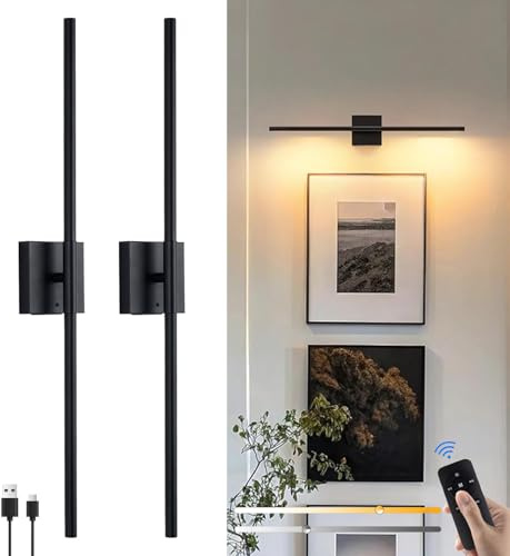 2 Stück Akku Wandleuchten 8000mAh, Wiederaufladbare LED-Kabellose Wandlampe mit Touch- und Fernbedienung, 3 Farbmodi, Dimmbar Schwarz L:80cm 360° Drehbar Innen LED Batteriebetriebene Wandleuchte