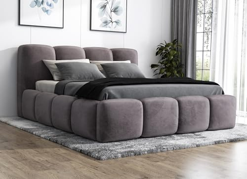 A&J MöbelLand Polsterbett 180x200 mit Bettkasten und Lattenrost – DONA, Bett mit Matratze und Stauraum in Grau