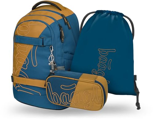 Baagl Skolryggsäck set pojkar flickor tonåringar 3 delar, skateboard ryggsäck skridskoåkning MAX, skolväska från 3 Klasse, grundskola skolväska med bröstbälte, ergonomisk skolväska, 30 l, Duo