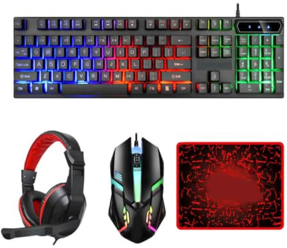 SHINEOFI Ensemble Clavier et Souris de Jeu Rétroéclairé Casque Filaire et Tapis de Souris en Abs Ergonomique 104 Touches pour Gaming