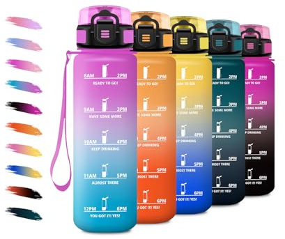 Gourde 1L, Bouteille d'eau avec Marqueur de Temps et Filtre, Gourde de Motivation, Facile à Nettoyer, Étanche & Réutilisable, Bouteille pour Voyage, Randonnée, Cyclisme, Bureau, Fitness, Voyage