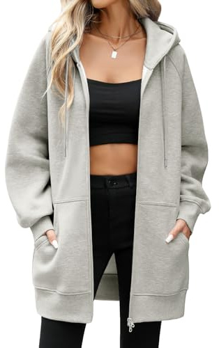 Vancavoo Sweats à Capuche Femme Zippé Polaire Veste Long Sweatshirt Automne | Doublure Polaire Légère, Coupe Ample, Manches Raglan, Zip Double Curseur, Bords Côtelés et Poches