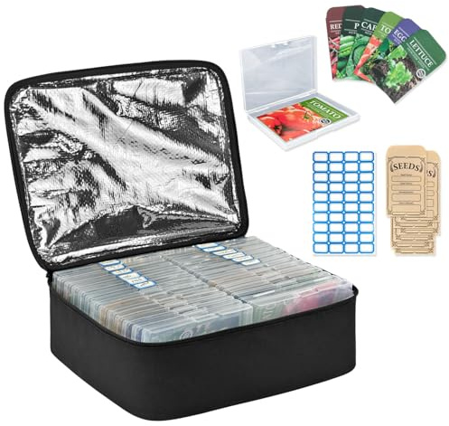 Boczif Caja organizadora de almacenamiento de semillas de 26 ranuras con bolsa aislada, sobres de semillas y etiquetas adhesivas, contenedor de semillas de jardín para paquetes de semillas, plantas