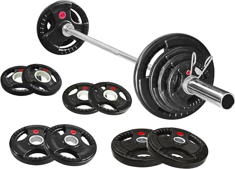 Fitvids 2 Inch Olympic Barbell Weight Plates and Bar Set, 5 FT Barbell Bar and 85 LB(2.5-25 LB) Barbell Weight Set for Home Gym Strength Training, Rubber Coate Design
