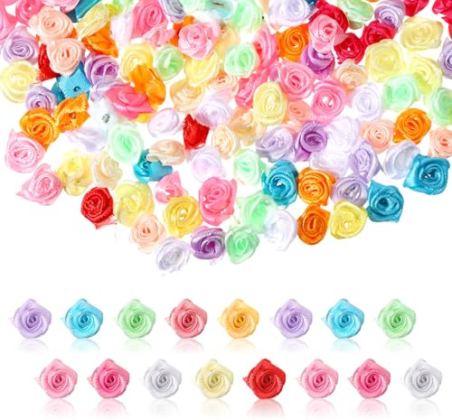 Xyembu 300 Pcs Mini Roses for Crafts, Satin Ribbon Roses, Multicolor Mini Rose Flowers,Artificial Fabric Flowers for Crafts, DIY Sewing Craft Accessories for Wedding, Gift Wrapping, Wreath Decoration