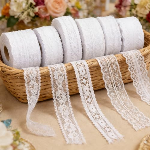 Forbabe 6 Rollen 10M Spitzenband, Weiße Spitze Lace Vintage | Spitzenband Set für Hochzeit Handwerk Scrapbooking DIY-Projekte