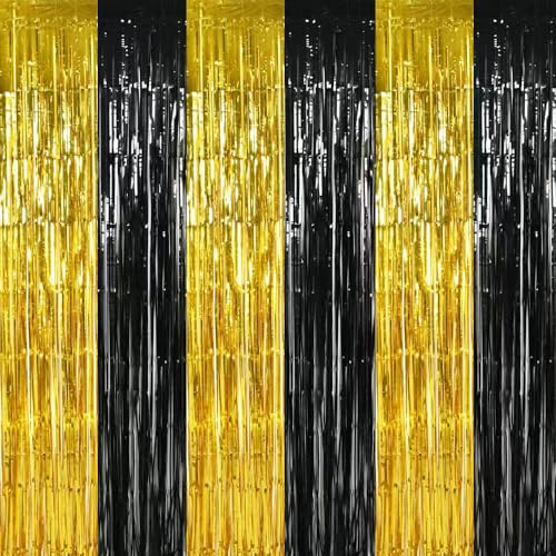 2 x schwarz-goldene Türschlangen, Fotokabinen-Hintergrund, metallische Luftschlangen, Folien-Fransenvorhänge für Geburtstag, Weihnachten, Neujahr, Junggesellinnenabschied, Abschluss-Party-Dekoration