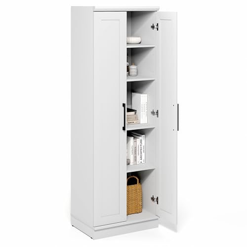 Furinno Robin Storage Cabinet, 5-Tier Pantry Cabinet with Adjustable Shelves, 23W with 2 Shaker-Doors, Kitchen Cabinet, Organization and Storage, for Pantry, Living Room, Home Office, White
