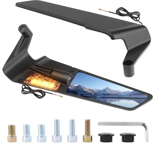 Liwogi 1 Pair 360° Adjustable Motorcycle Mirrors Set with LED Light, Aerodynamic Motorbike Rear View Side Mirrors Universal Motorcycle Rearview Side Stealth Wing Mirror for 10/8mm Handlebar