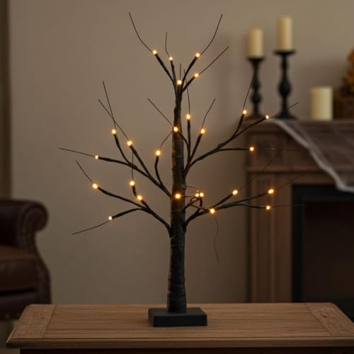 Black Mini Halloween Twig Tree 60cm Pre-Lit Decoration with 24 Orange LED Lights, Battery Operated Tabletop Ornament for Indoor Display, Party Centrepiece or Trick-or-Treat Window Decor