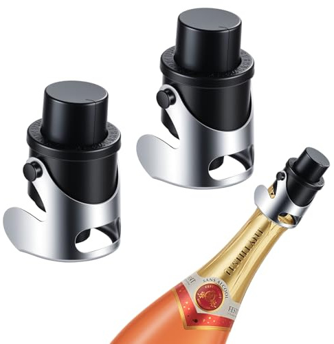 Champagne Stoppers for Bottles Stainless Steel with Built-in Pump Prosecco Bottle Sealer Stopper Saver 2 Pack