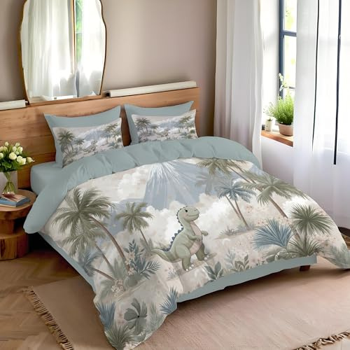DLERFLOVR Housse de Couette 140x200cm avec 2 Taies Oreiller Paysage De Jungle Chaude Parure de Lit Adorable Dinosaure Réversible Linge de Lit pour 1 Personne avec Fermeture Éclair, Vert Sauge