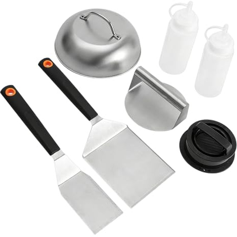 Smash Lot de 7 presse-hamburger Smasher avec spatule, cloche à hamburger et spatule à barbecue et bouteille à sauce, presse à hamburger Teppanyaki pour barbecue, ustensiles de barbecue (noir)