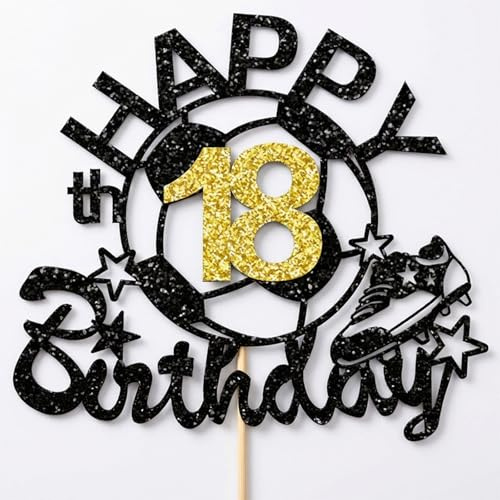 18th Birthday Cake Topper - Football Theme Gold Glitter Cake Decorations for Teens - Easy to Assemble Non-Edible Cake Toppers for Party Decorations