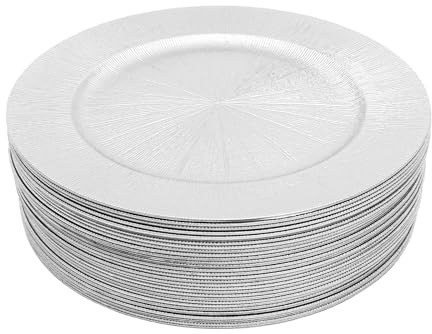 HazLope Piatti di presentazione, set di 50 sottopiatti rotondi riutilizzabili argentati 33 cm in plastica PP rigida, per matrimoni, feste, banchetti, decorazione da tavolo elegante impilabile
