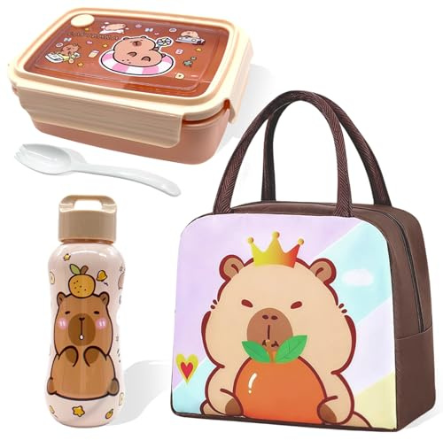 Capybara Borsa Per Il Pranzo E Bambini Con Bottiglia d'acqua di paglia Capybara e Porta Pranzo,Set Da Pranzo Per La Scuola,Borsa Termica Lunch Bag Porta Pranzo Al Sacco Cartoni Animati Per Viaggi