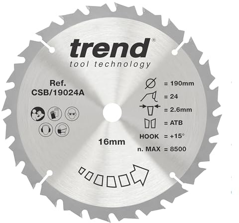 Trend Wood Circular Saw Blade, 190 mm, 24T, 16 mm Bore, 2.6 mm Kerf, TCT | TCT Teeth And A 2.6 mm Kerf Deliver A Medium Finish In Wood Cutting Tasks For Clean Rip Cuts, CSB/19024A