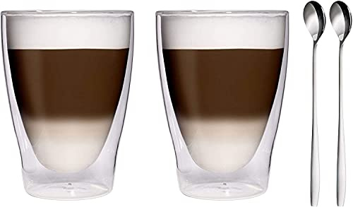 Filosa® Latte Macchiato Gläser doppelwandig (2x 280ml) + 2x Löffel, Espresso Gläser, Teegläser, Cappuccino Gläser, Thermogläser doppelwandig Latte Gläser, Doppelwandige Gläser Latte Macchiato
