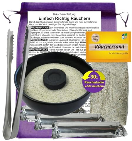 Räucherset Starter Set [8-TLG] zum räuchern für RÄUCHERWERK HAUSREINIGUNG RAUHNÄCHTE 30x Räucherkohle Räucherzange Räucherschale Räuchersand Räucheranleitung Täschchen [30x räuchern] 81116-4S
