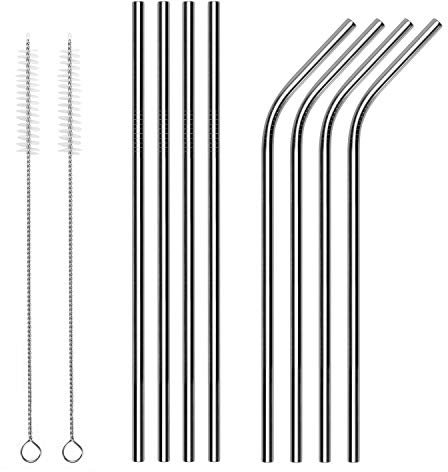 Vinsani 8.5 Silver Stainless Steel Drinking Straws, Reusable Metal Drinking Straws Set of 8 with 2 Cleaning Brush for Smoothie, Milkshake, Cocktail and Hot Drinks