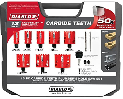 Diablo Carbide Teeth Hole Saw Set for Plumbers - 8 Hole Saws, 1 Mandril, 2 Pilot Bits, 2 Adaptor Nuts with SnapLock Plus Mandrel System - 13-Piece Set - DHS13SPLCT