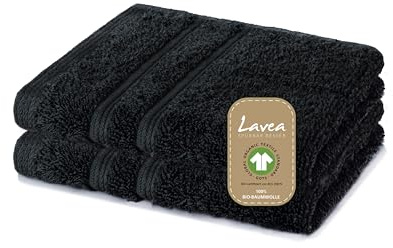 Lavea® 2er Set Seiftuch 30 x 30 cm, Bali Seiftücher und Waschlappen Frottee, kleine Handtücher aus Baumwolle, pflegeleichtes Handtuch-Set, 100% GOTS Bio-Baumwolle, Frottier Waschlappen, Schwarz